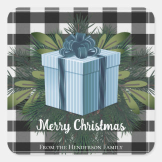 Buffalo Plaid Christmas Gift | Blue Christmas Square Sticker