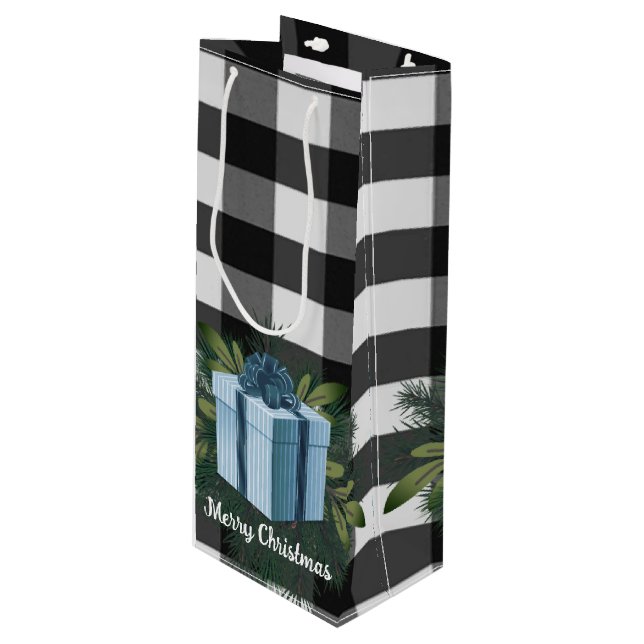 Buffalo Plaid Christmas Gift | Blue Holiday Wine Gift Bag (Front Angled)