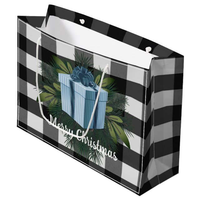 Buffalo Plaid Christmas Gift | Blue Large Gift Bag (Front Angled)