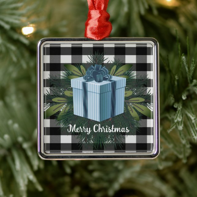 Buffalo Plaid Christmas Gift | Blue Metal Tree Decoration (Tree)