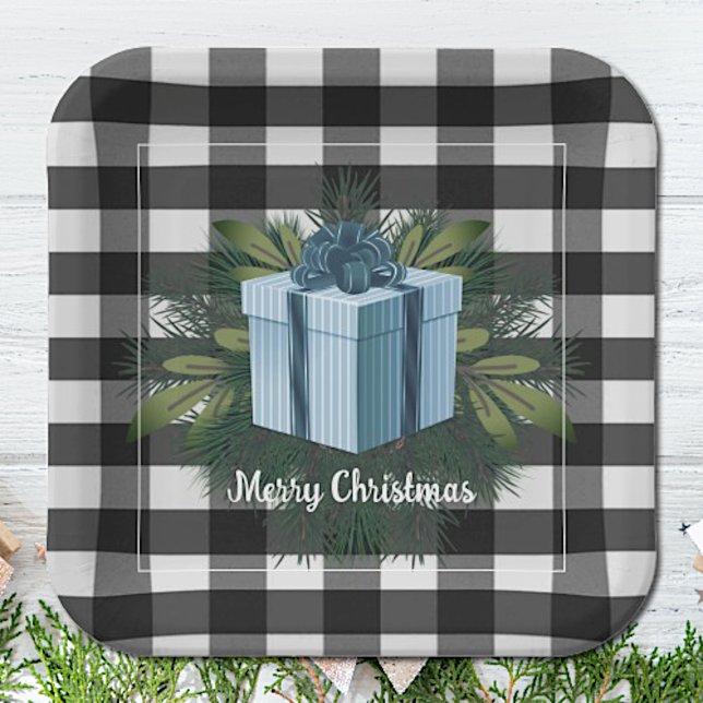 Buffalo Plaid Christmas Gift | Blue Paper Plate (Blue Buffalo Plaid Christmas Gift Paper Plates)