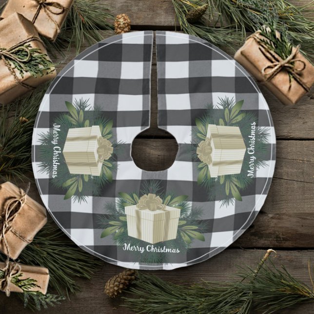 Buffalo Plaid Christmas Gift | Gold Brushed Polyester Tree Skirt (Gold Buffalo Plaid Christmas Gift Tree Skirt)