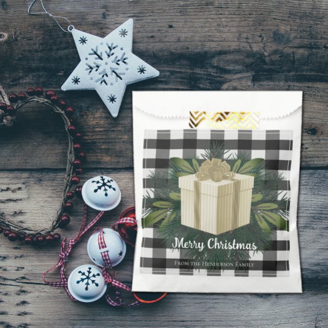 Buffalo Plaid Christmas Gift | Gold Favour Bag (Buffalo Plaid Christmas Gift Favor Bag - Gold)