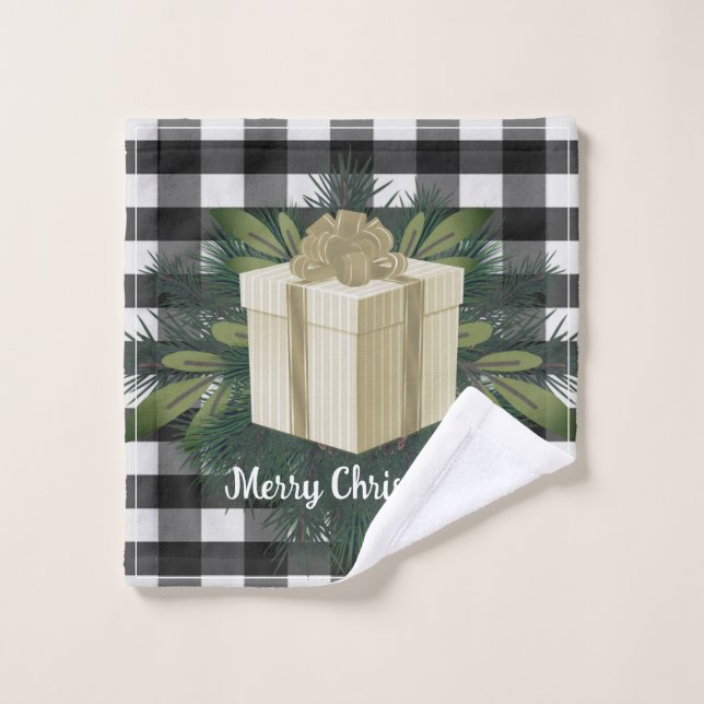 Buffalo Plaid Christmas Gift | Gold Holiday Bath Towel Set (Wash Cloth)