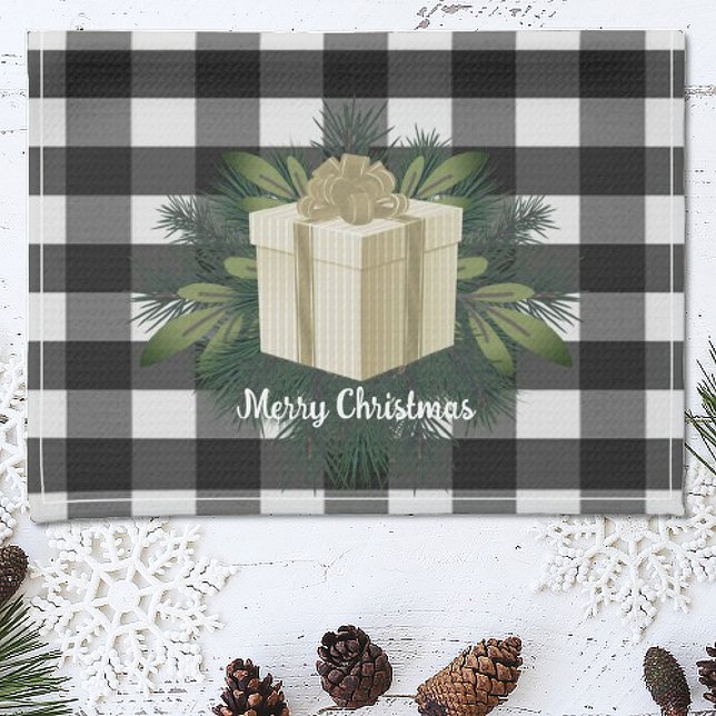 Buffalo Plaid Christmas Gift | Gold Holiday Tea Towel (Gold Buffalo Plaid Christmas Gift Holiday Kitchen Towel)