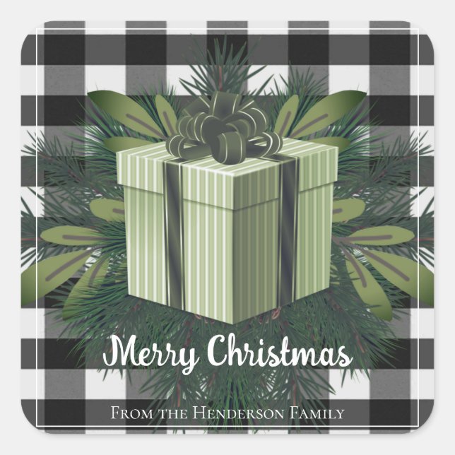 Buffalo Plaid Christmas Gift | Green Christmas Square Sticker (Front)