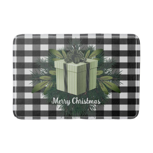 Buffalo Plaid Christmas Gift | Green Holiday Bath Mat (Front)