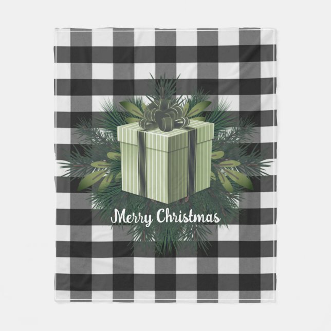 Buffalo Plaid Christmas Gift | Green Holiday Fleece Blanket (Front)