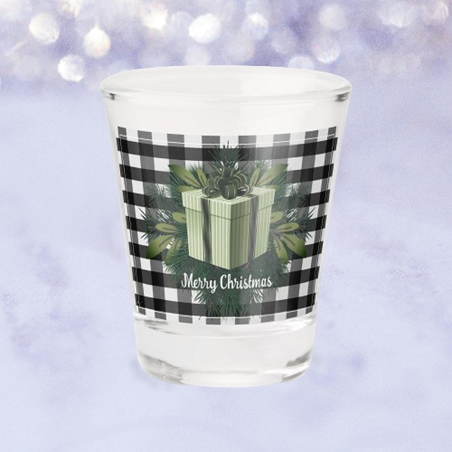 Buffalo Plaid Christmas Gift | Green Holiday Shot Glass (Green Buffalo Plaid Christmas Gift Holiday Shot Glass)