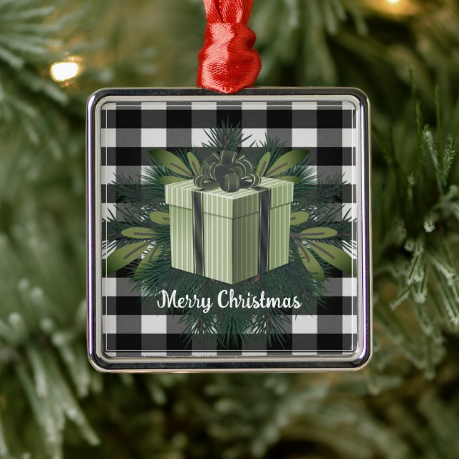 Buffalo Plaid Christmas Gift | Green Metal Tree Decoration (Tree)