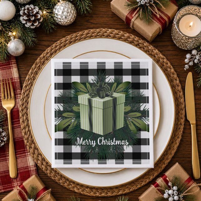 Buffalo Plaid Christmas Gift | Green Napkin (Green Buffalo Plaid Christmas Gift Paper Napkins)