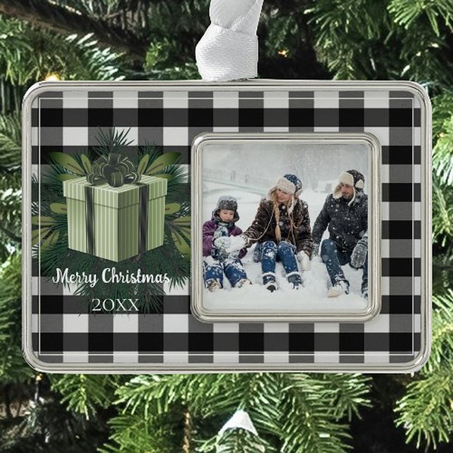 Buffalo Plaid Christmas Gift | Green Silver Plated Framed Ornament (Green Buffalo Plaid Christmas Gift Christmas Ornament)