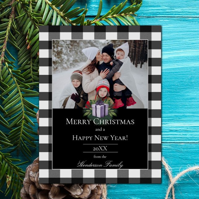 Buffalo Plaid Christmas Gift Photo | Purple Holiday Card (Purple Buffalo Plaid Christmas Gift Holiday Photo Card)