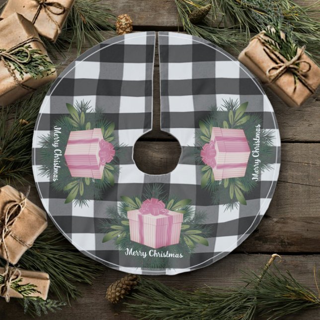 Buffalo Plaid Christmas Gift | Pink Brushed Polyester Tree Skirt (Pink Buffalo Plaid Christmas Gift Tree Skirt)
