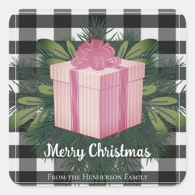 Buffalo Plaid Christmas Gift | Pink Christmas Square Sticker (Front)