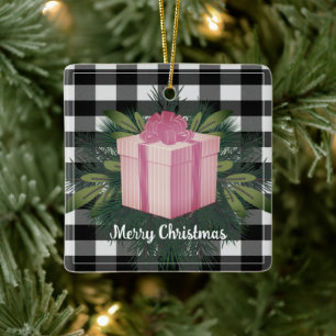 Buffalo Plaid Christmas Gift Pink Holiday Ceramic Ornament