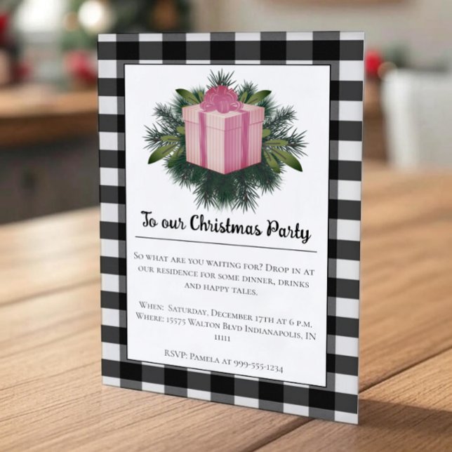 Buffalo Plaid Christmas Gift | Pink Holiday Party Invitation (Pink Buffalo Plaid Christmas Gift Holiday Party Invitation)