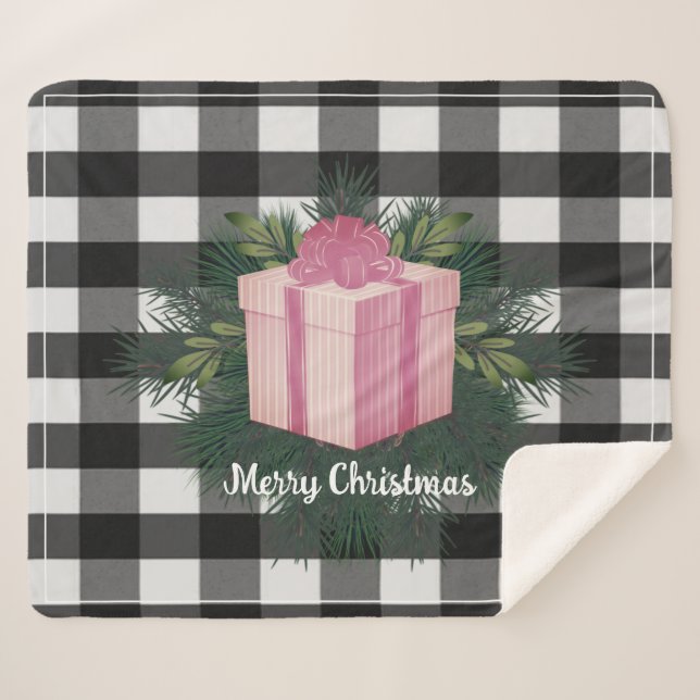 Buffalo Plaid Christmas Gift | Pink Holiday Sherpa Blanket (Front (Horizontal))