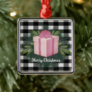 Buffalo Plaid Christmas Gift Pink Metal Tree Decoration