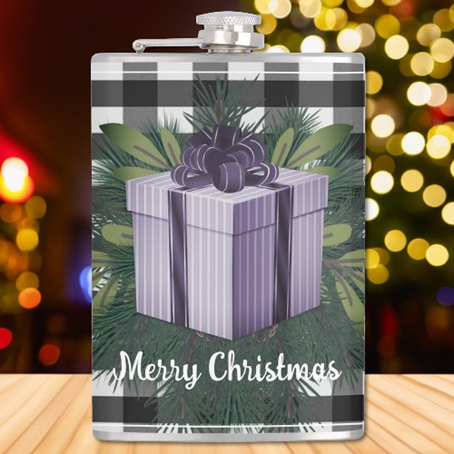 Buffalo Plaid Christmas Gift | Purple Hip Flask (Purple Buffalo Plaid Christmas Gift Flask)