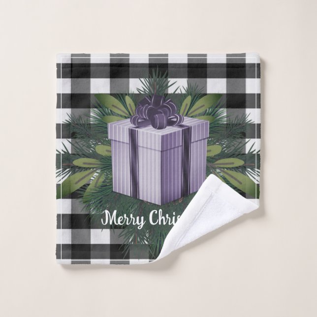 Buffalo Plaid Christmas Gift | Purple Holiday Bath Towel Set (Wash Cloth)