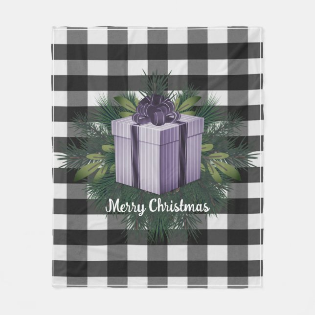 Buffalo Plaid Christmas Gift | Purple Holiday Fleece Blanket (Front)