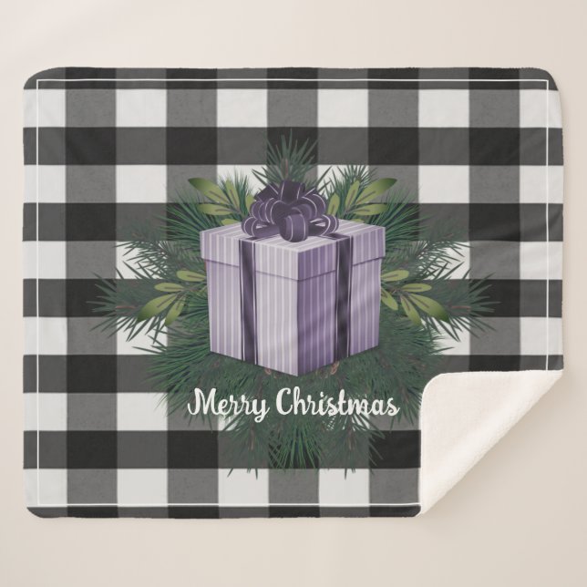 Buffalo Plaid Christmas Gift | Purple Holiday Sherpa Blanket (Front (Horizontal))