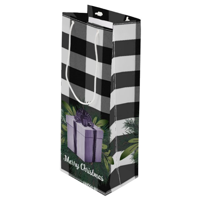Buffalo Plaid Christmas Gift | Purple Holiday Wine Gift Bag (Front Angled)