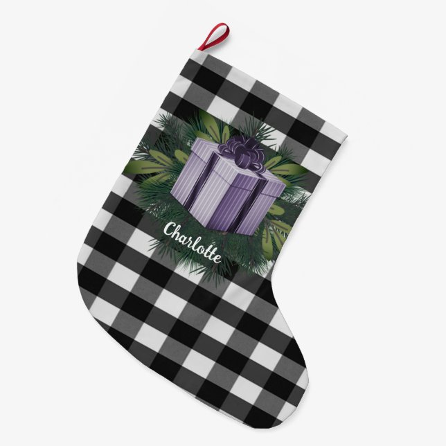 Buffalo Plaid Christmas Gift | Purple Large Christmas Stocking (Front (Hanging))
