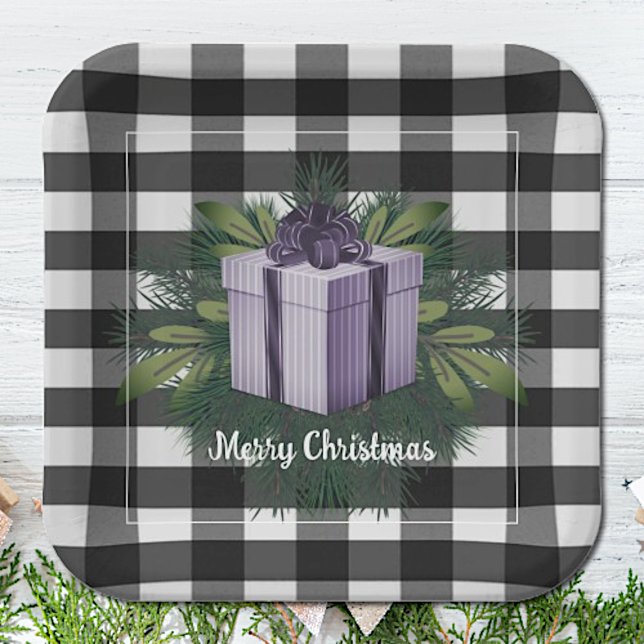 Buffalo Plaid Christmas Gift | Purple Paper Plate (Purple Buffalo Plaid Christmas Gift Paper Plates)