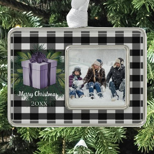 Buffalo Plaid Christmas Gift   Purple Silver Plated Framed Ornament