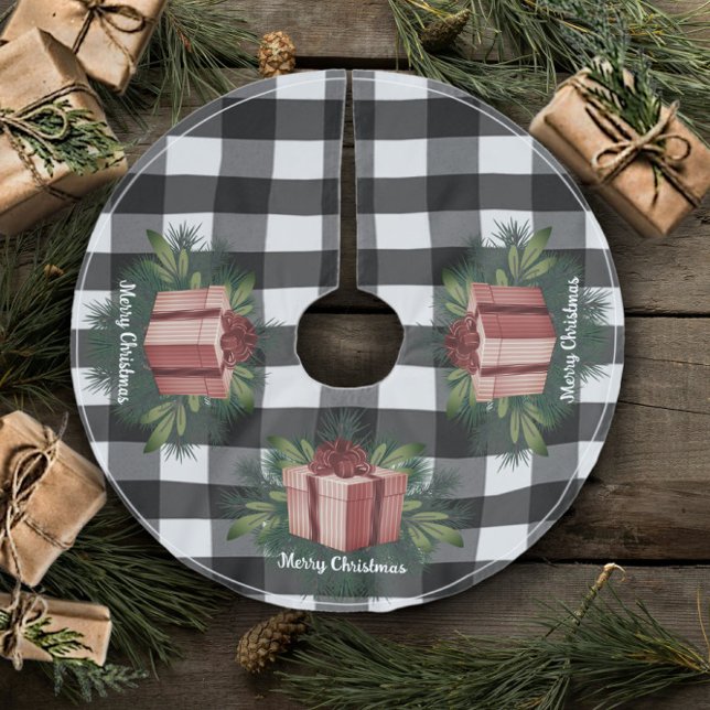 Buffalo Plaid Christmas Gift | Red Brushed Polyester Tree Skirt (Red Buffalo Plaid Christmas Gift Tree Skirt)