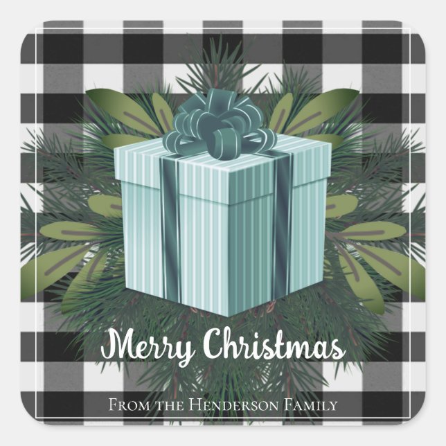 Buffalo Plaid Christmas Gift | Teal Christmas Square Sticker (Front)