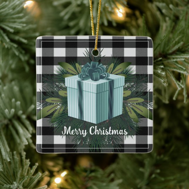 Buffalo Plaid Christmas Gift | Teal Holiday Ceramic Ornament (Tree)