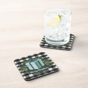 Buffalo Plaid Christmas Gift Teal Holiday Coaster