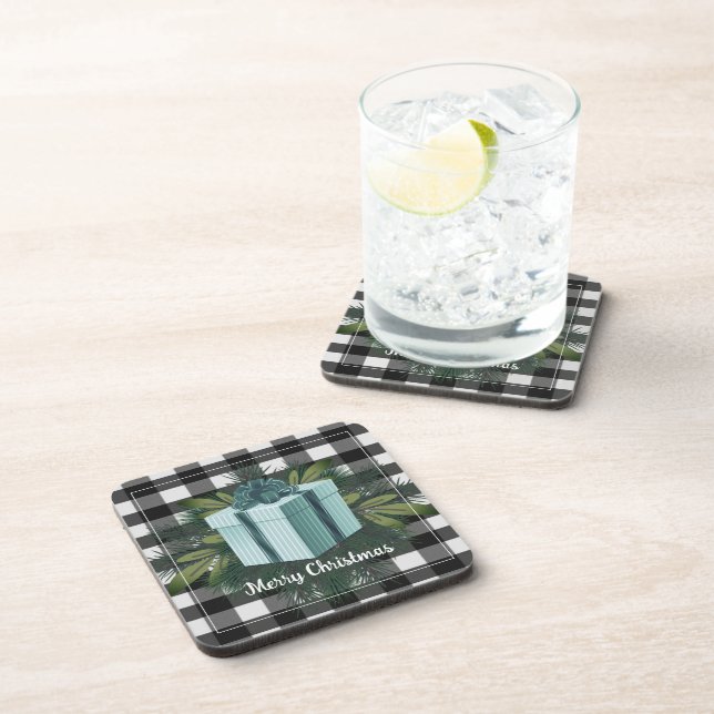 Buffalo Plaid Christmas Gift | Teal Holiday Coaster (Right Side)