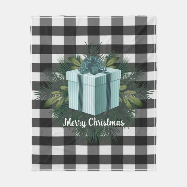 Buffalo Plaid Christmas Gift | Teal Holiday Fleece Blanket (Front)
