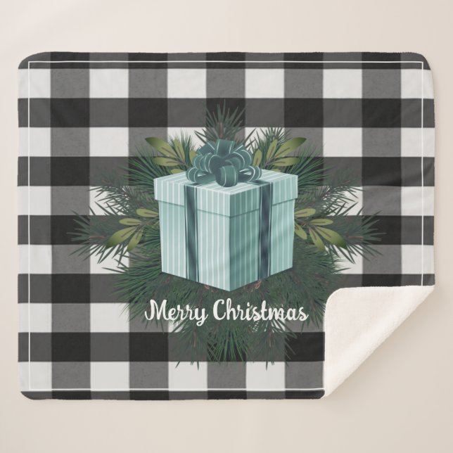 Buffalo Plaid Christmas Gift | Teal Holiday Sherpa Blanket (Front (Horizontal))