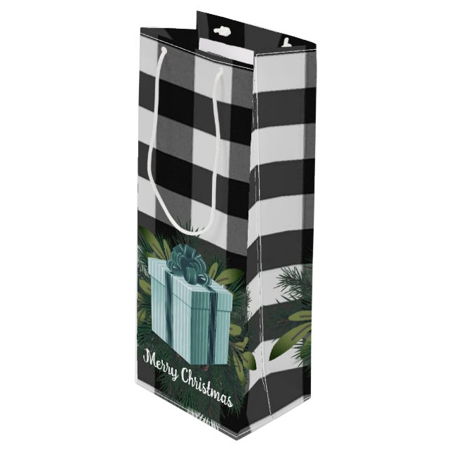 Buffalo Plaid Christmas Gift | Teal Holiday Wine Gift Bag (Front Angled)