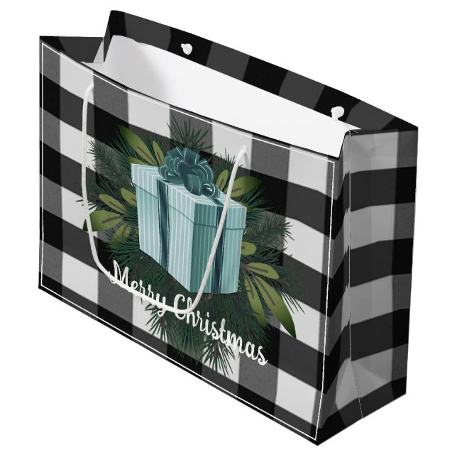Buffalo Plaid Christmas Gift | Teal Large Gift Bag (Front Angled)