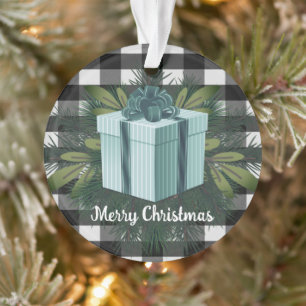 Buffalo Plaid Christmas Gift Teal Ornament