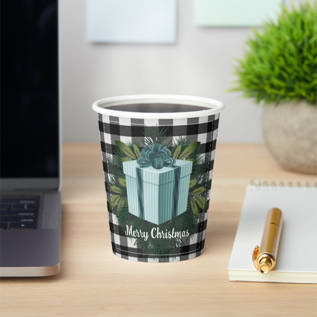 Buffalo Plaid Christmas Gift | Teal Paper Cups (Insitu)