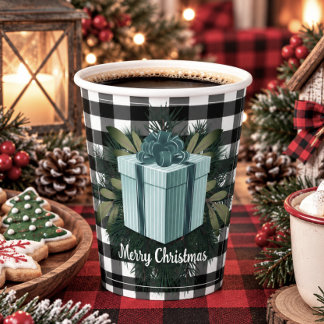 Buffalo Plaid Christmas Gift | Teal Paper Cups