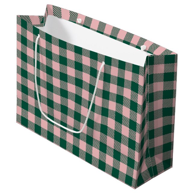 Buffalo Plaid Christmas Holiday Green & Pink  Large Gift Bag (Front Angled)
