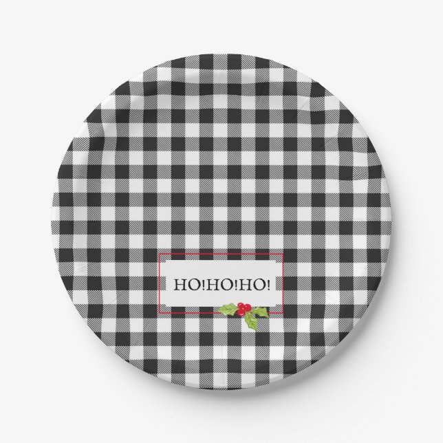 Buffalo Plaid Christmas Holly HO! HO! HO! Holiday Paper Plate (Front)