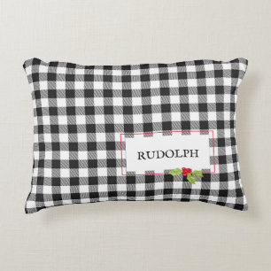 Buffalo Plaid Christmas Holly NAME Rudolph Holiday Decorative Cushion