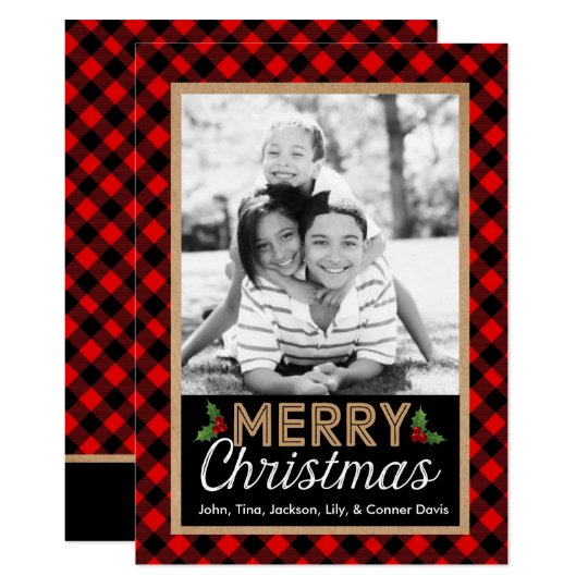 Buffalo Plaid Christmas Holly Photo Card