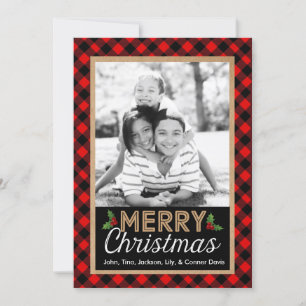 Buffalo Plaid Christmas Holly Photo Card