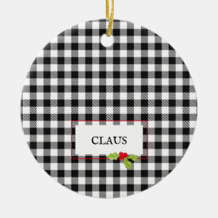 Buffalo Plaid Christmas Holly Santa NAME Festive Ceramic Tree Decoration