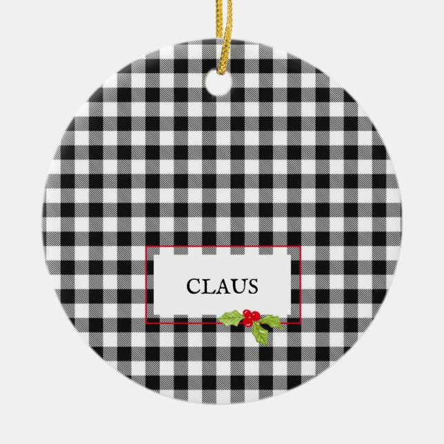 Buffalo Plaid Christmas Holly Santa NAME Festive Ceramic Tree Decoration (Front)